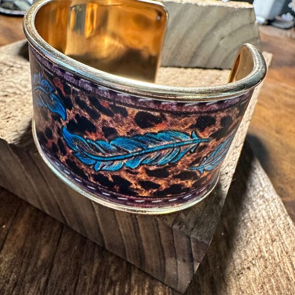 Boho Southwestern Feather Turquoise Floral Wide Cuff Bangle Bracelet, Ships in - Picture 7 of 8